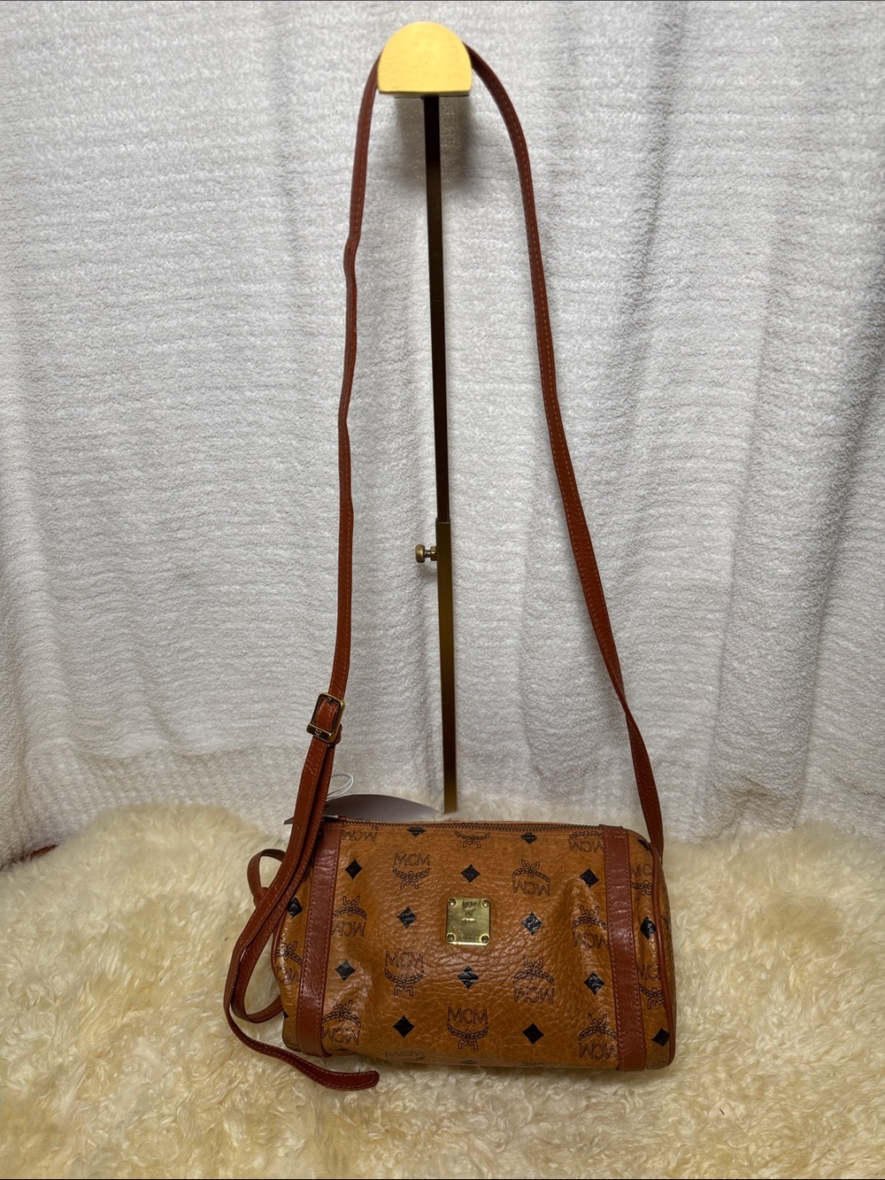 MCM Cognac Logo Visetos Crossbody Bag with Gold Plate